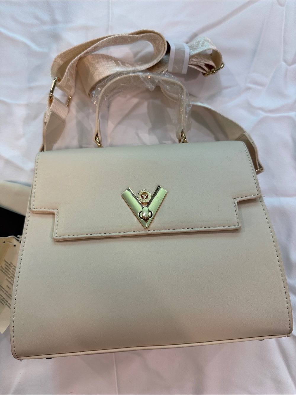 Valentino Orlandi Cream Satchel with Gold V-Clasp